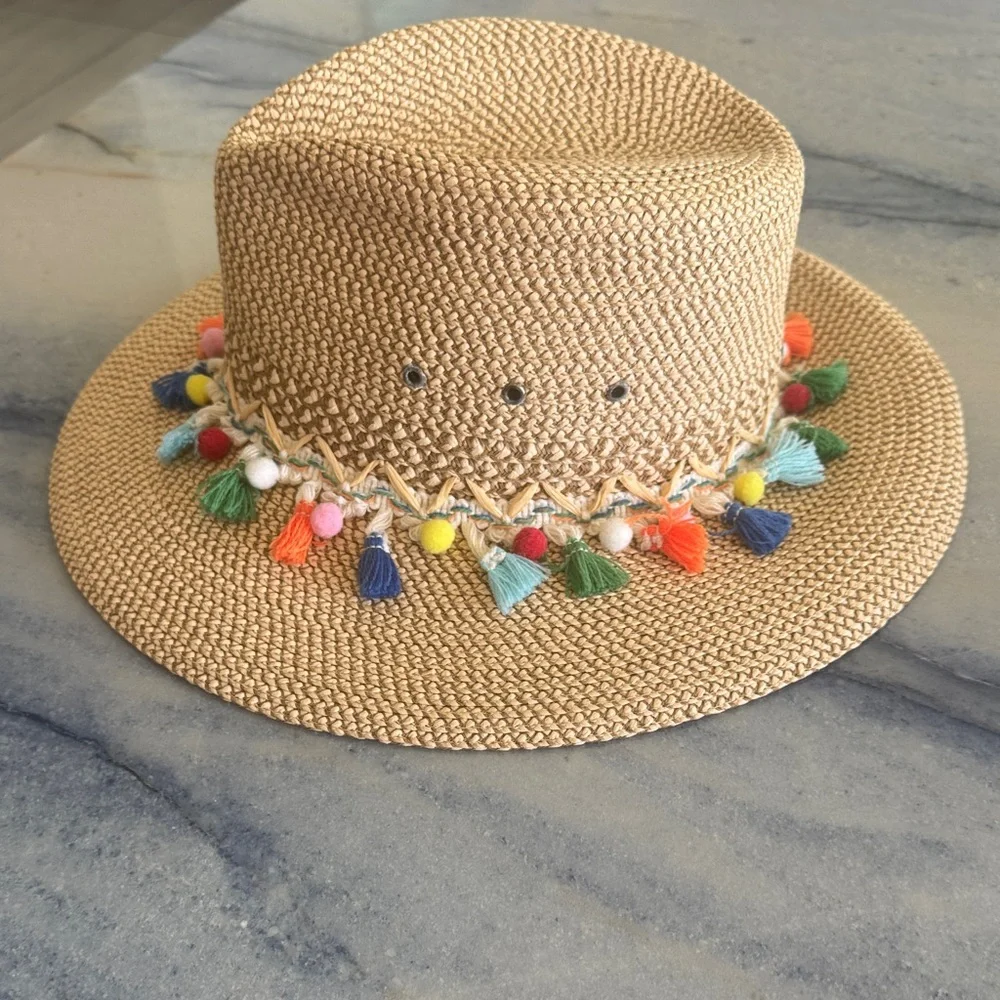 Eric Javits Straw Fedora Hat with Multicolor Pom Tassels - Picture 3 of 4